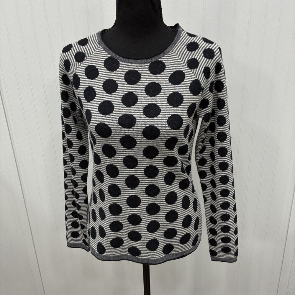 Title Nine Women's XS Black Gray Merino Wool Striped Polka Dot Sweater Top
